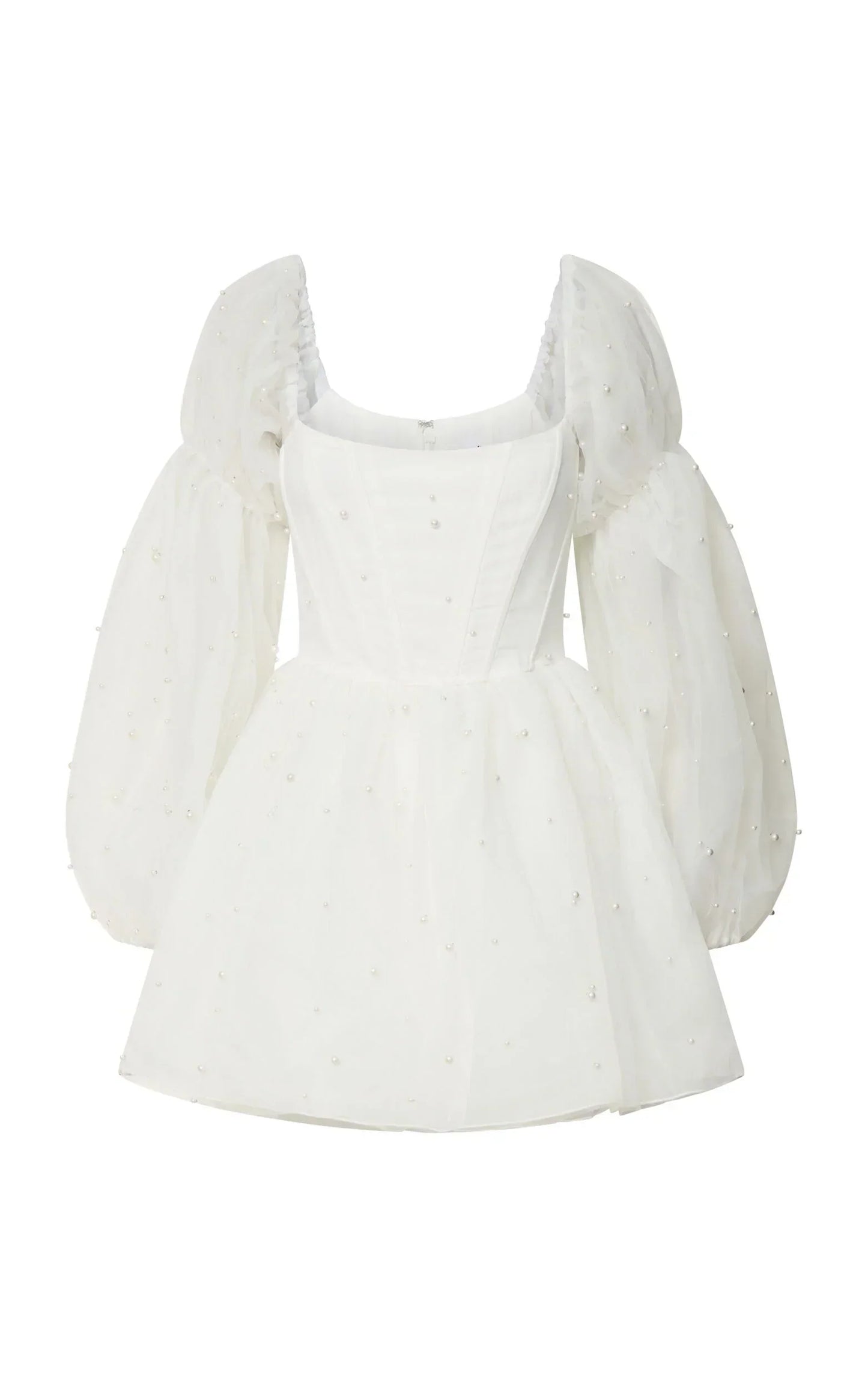 Ingrid Mini Dress - Long Puff Sleeve Pearl Detail Dress in White
