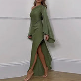 Liviana – Long dress with asymmetrical neck and elegant slit