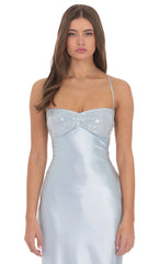 Sequin Bust Satin Maxi Dress in Light Blue