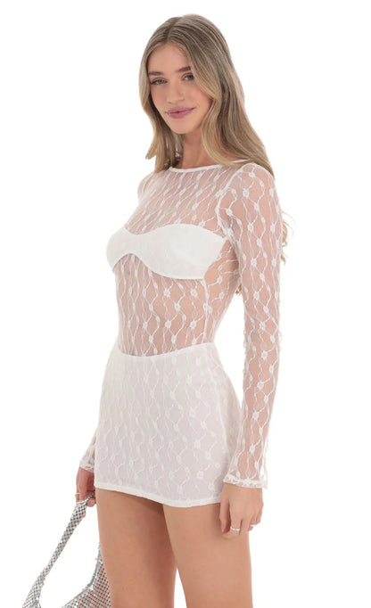 Long Sleeve Cutout lace Dress in White