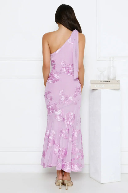 Glossy Girl One Shoulder Mesh Maxi Dress