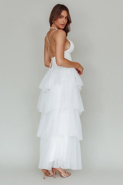 Nightingale Tiered Mesh Maxi Dress White
