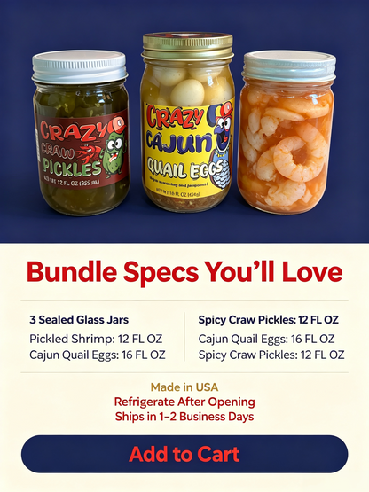Cajun Spicy Pickled 3-Jar Bundle (Shrimp / Quail Eggs / Spicy Pickles)