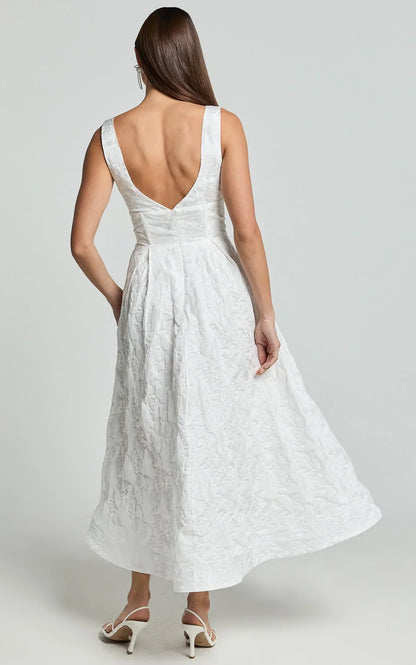 Georgine Midi Dress - Square Neck Fit and Flare Jacquard Dress in Ivory