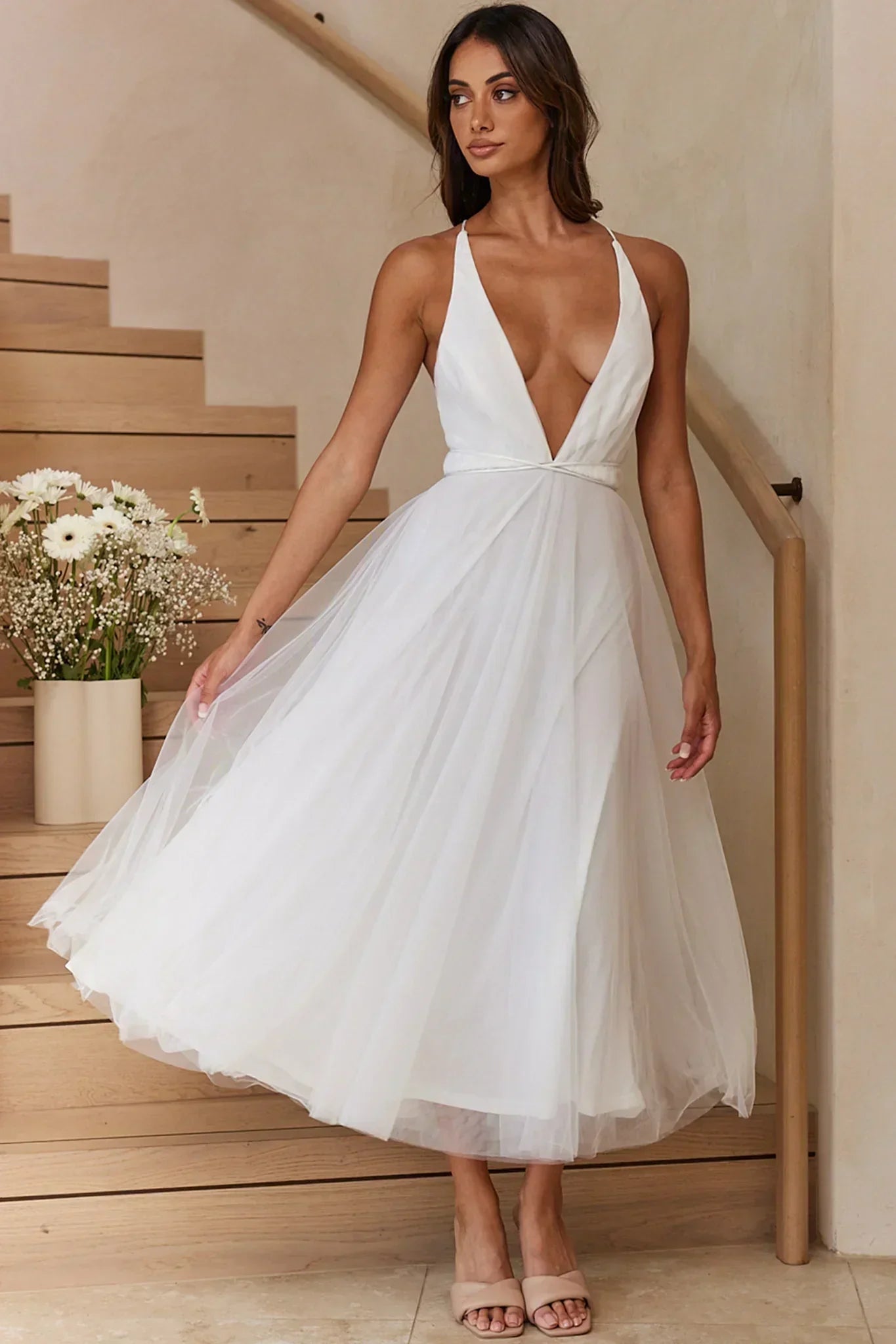 Floating By Plunging Neckline Mesh Overlay Midi Dress White