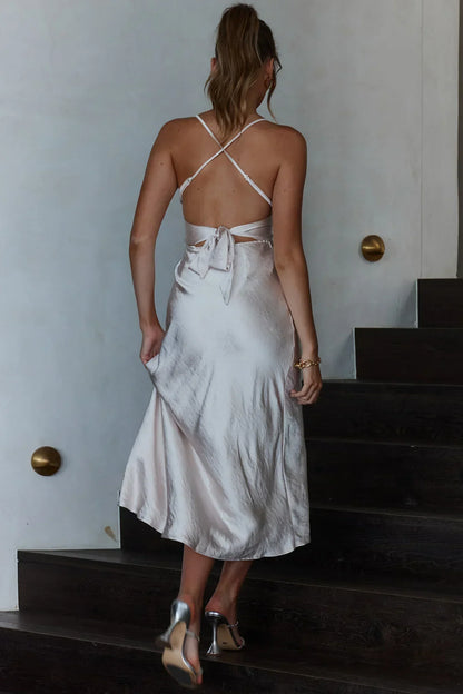 Lakoda Gathered Bust Bow Tie Back Midi Dress Champagne