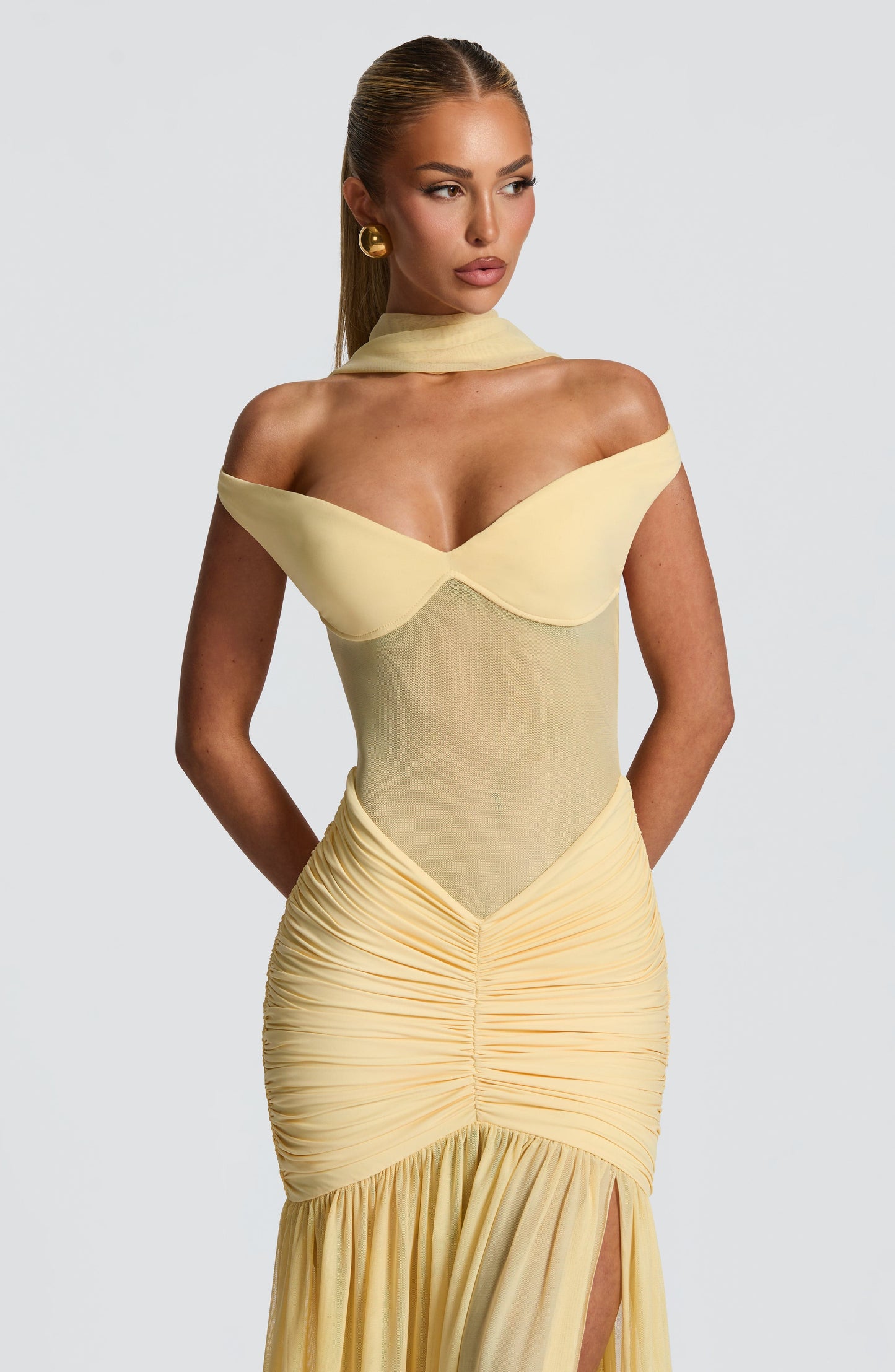 Sylarine – Bardot dress with sheer details and a slit