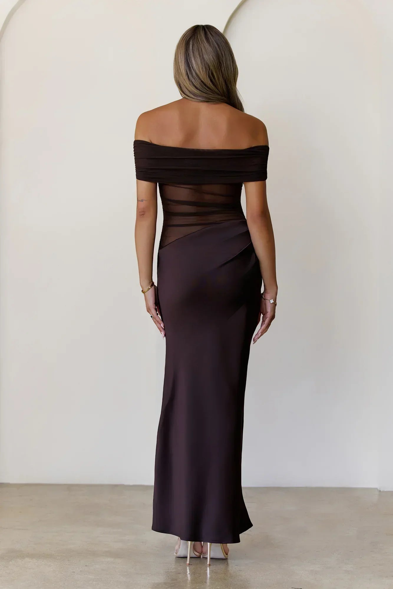 Veiled Whispers Off Shoulder Maxi Dress