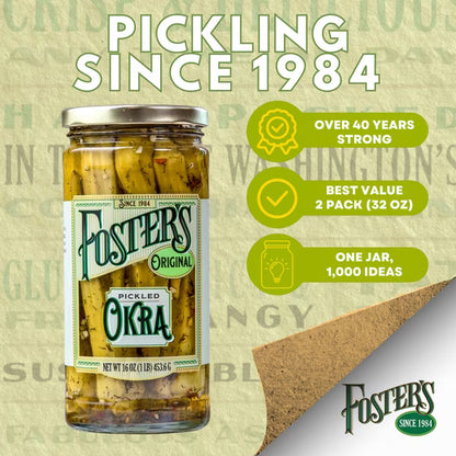 Foster's Since 1984 Pickled Okra in Jar, Original, 16oz, 2 Pack | Traditional Pickled Vegetables Recipe for over 40 years, Low Calorie Snack, Gluten Free, Fat and Preservative Free Pickles