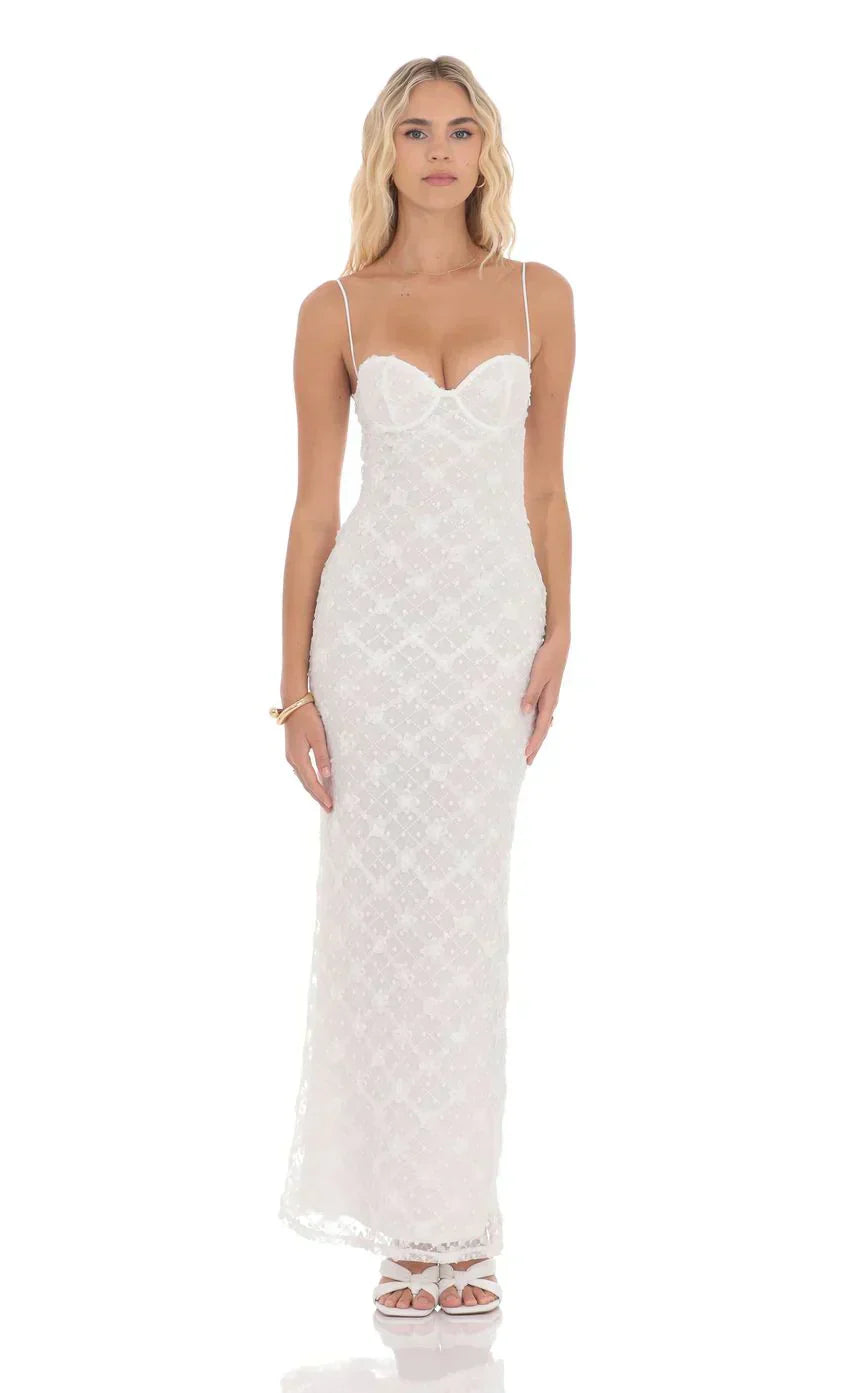 Sequin Floral Maxi Dress in White