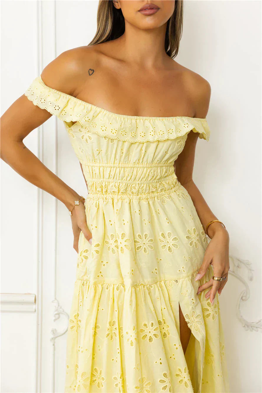 Secrets You Keep Off Shoulder Embroidered Maxi Dress
