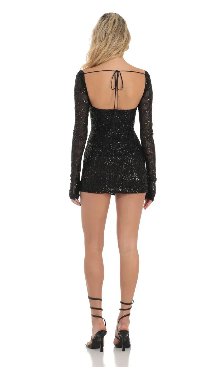 Sequin V-Neck Long Sleeve Dress in Black