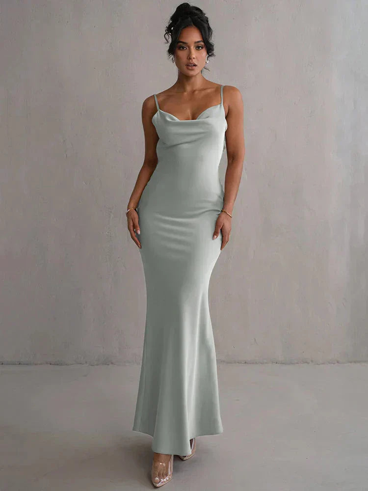Veraïa – Satin maxi dress with floral appliqués
