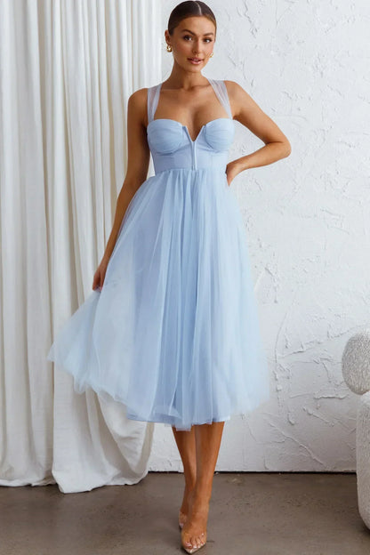 Surreal Lace-Up Back Tulle Midi Dress Blue