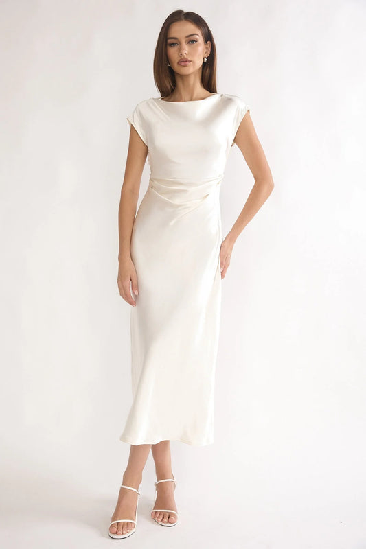 Loveland Pleat Cowl Back Midi Dress Oyster