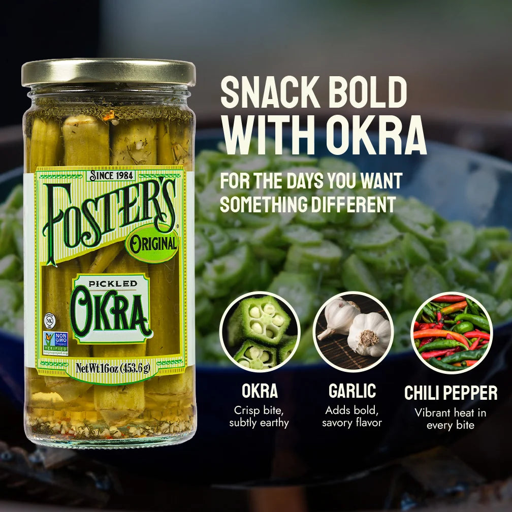 Foster's Since 1984 Pickled Okra in Jar, Original, 16oz, 2 Pack | Traditional Pickled Vegetables Recipe for over 40 years, Low Calorie Snack, Gluten Free, Fat and Preservative Free Pickles