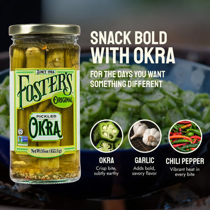Foster's Since 1984 Pickled Okra in Jar, Original, 16oz, 2 Pack | Traditional Pickled Vegetables Recipe for over 40 years, Low Calorie Snack, Gluten Free, Fat and Preservative Free Pickles